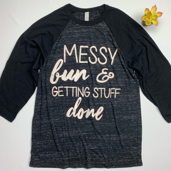 Tops - BLACK MESSY BUN GRAPHIC T SHIRT